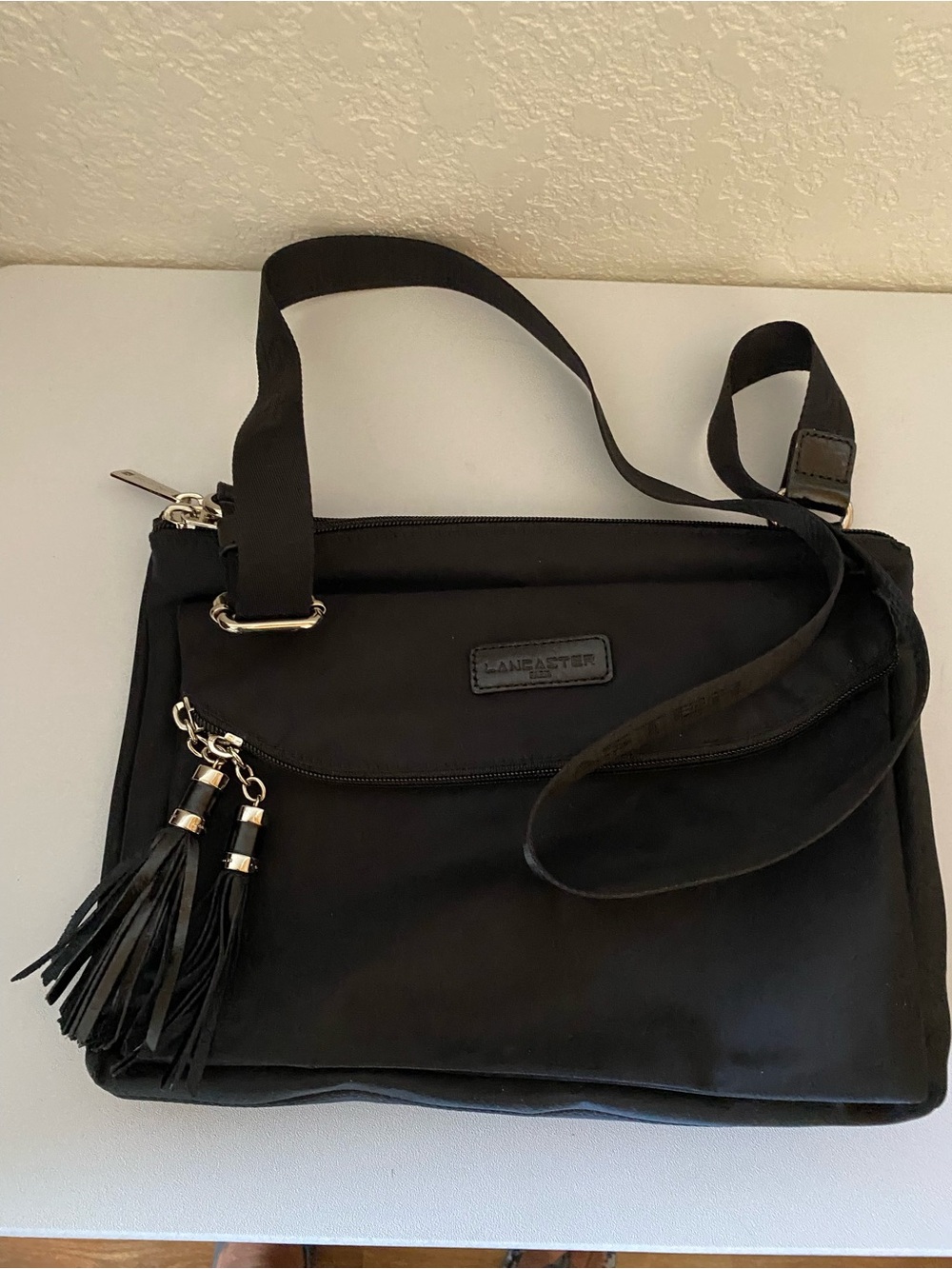 Lancaster Paris Black Crossbody Handbag Adjustable Canvas Strap w Leather Trim